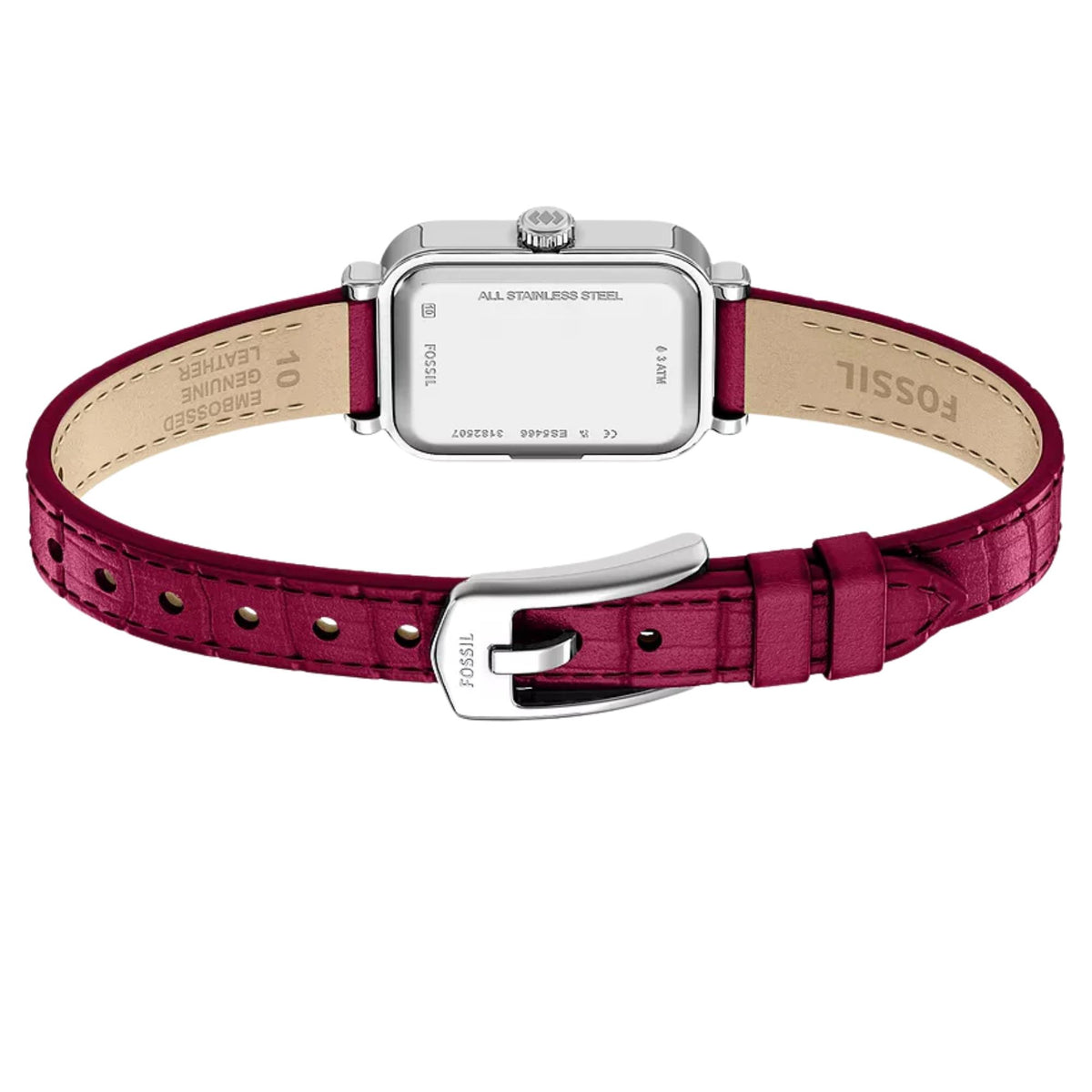 Fossil Raquel ES5466 stainless steel caseback and inner leather strap detail