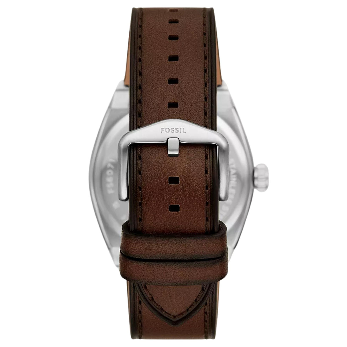 Fossil Everett FS6071 brown leather strap and silver buckle detail