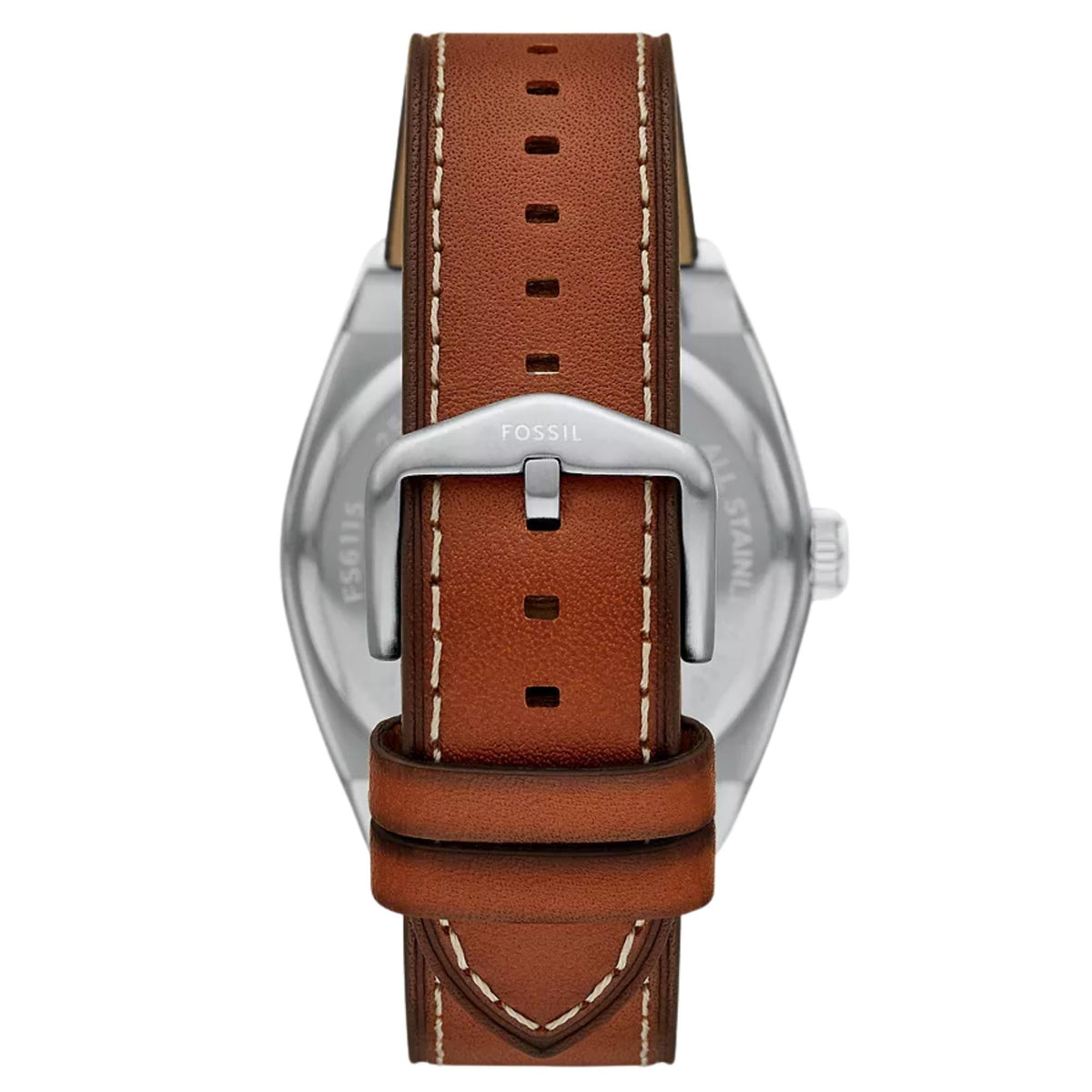 Fossil Everett FS6115 brown leather strap and silver buckle detail