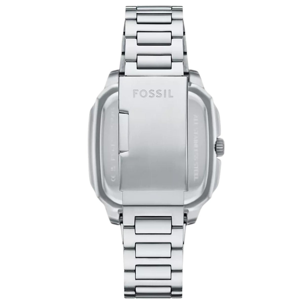 Reverse profile of the Fossil Crosby FS6121 watch detailing the engraved logo on the stainless steel folding clasp and integrated bracelet