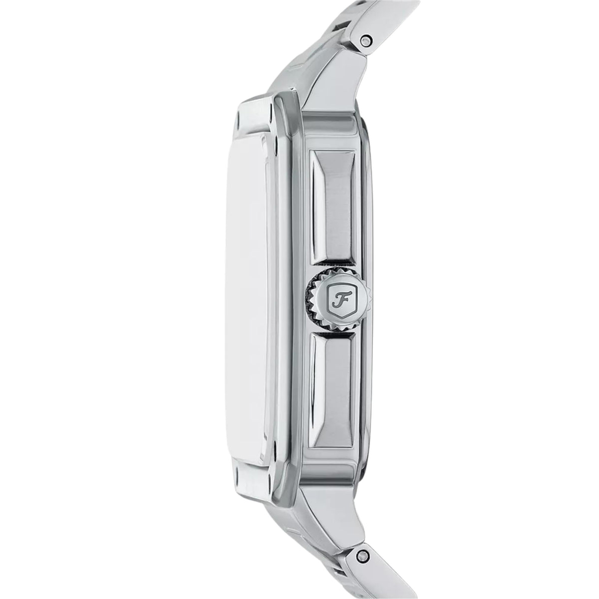 Side profile of the Fossil Crosby FS6121 wrist watch highlighting the angular steel case, textured crown with 'F' signature, and slim silhouette