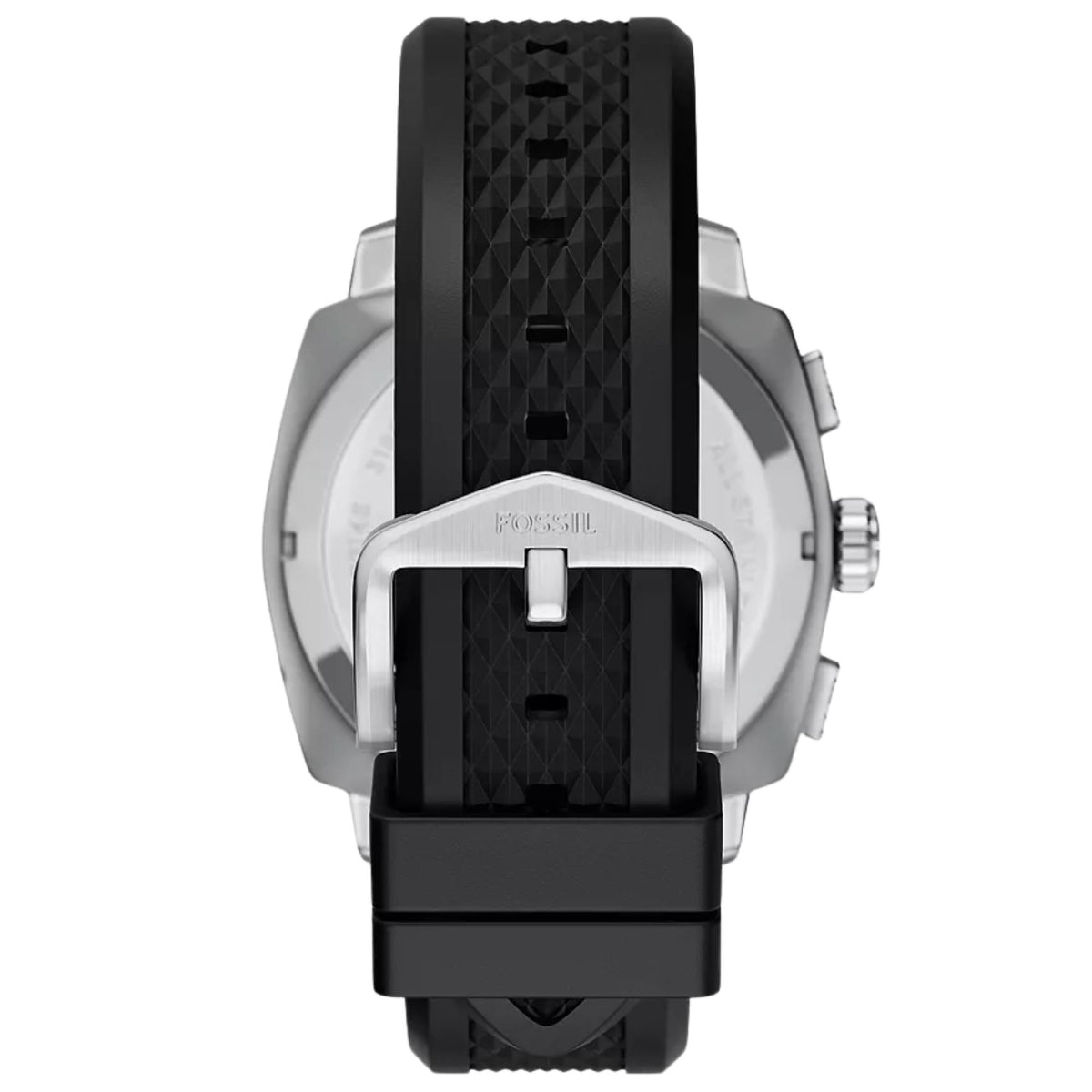 Men's chronograph watch caseback with textured black silicone strap