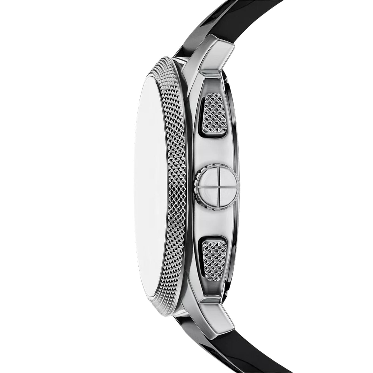Men's chronograph watch side view with textured silver case and black silicone strap