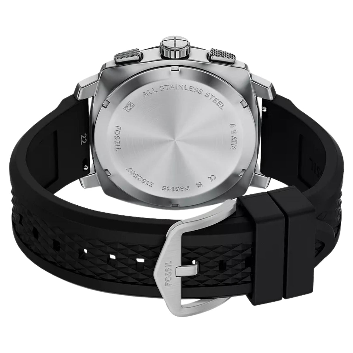 Men's chronograph watch back with brushed metal finish and black silicone strap