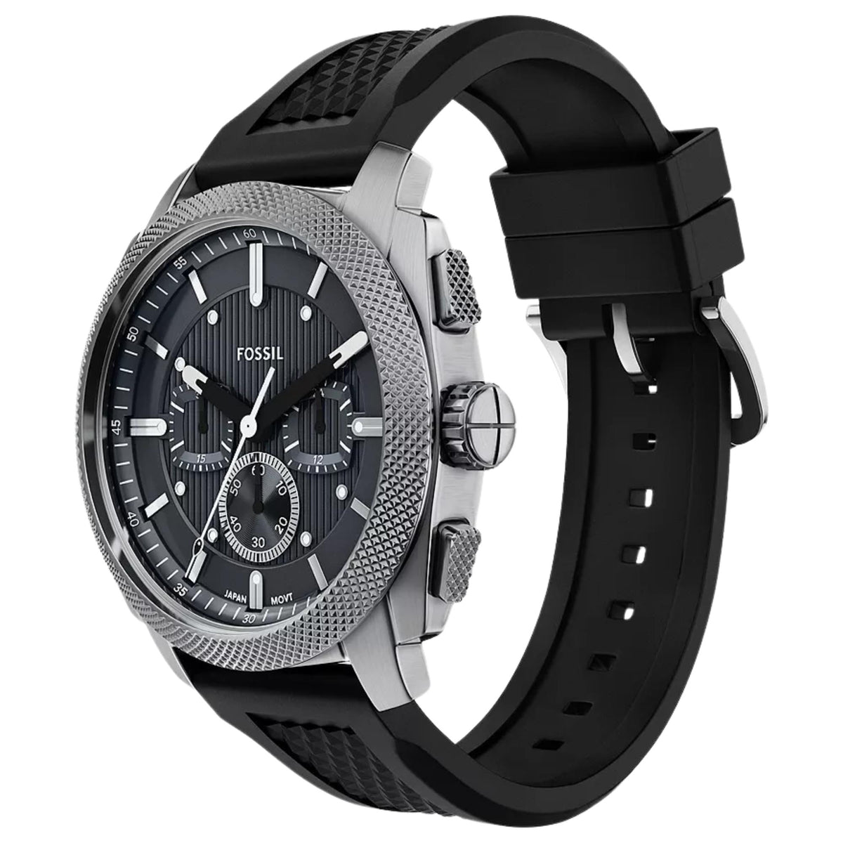 Men's chronograph watch with black dial, grey textured bezel, and black silicone strap