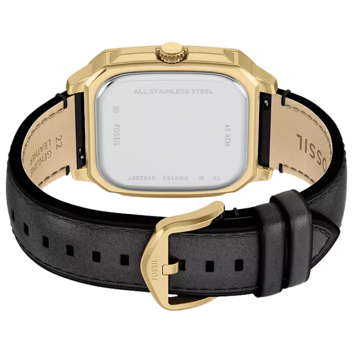 Fossil Crosby FS6151 stainless steel caseback and inner strap detail