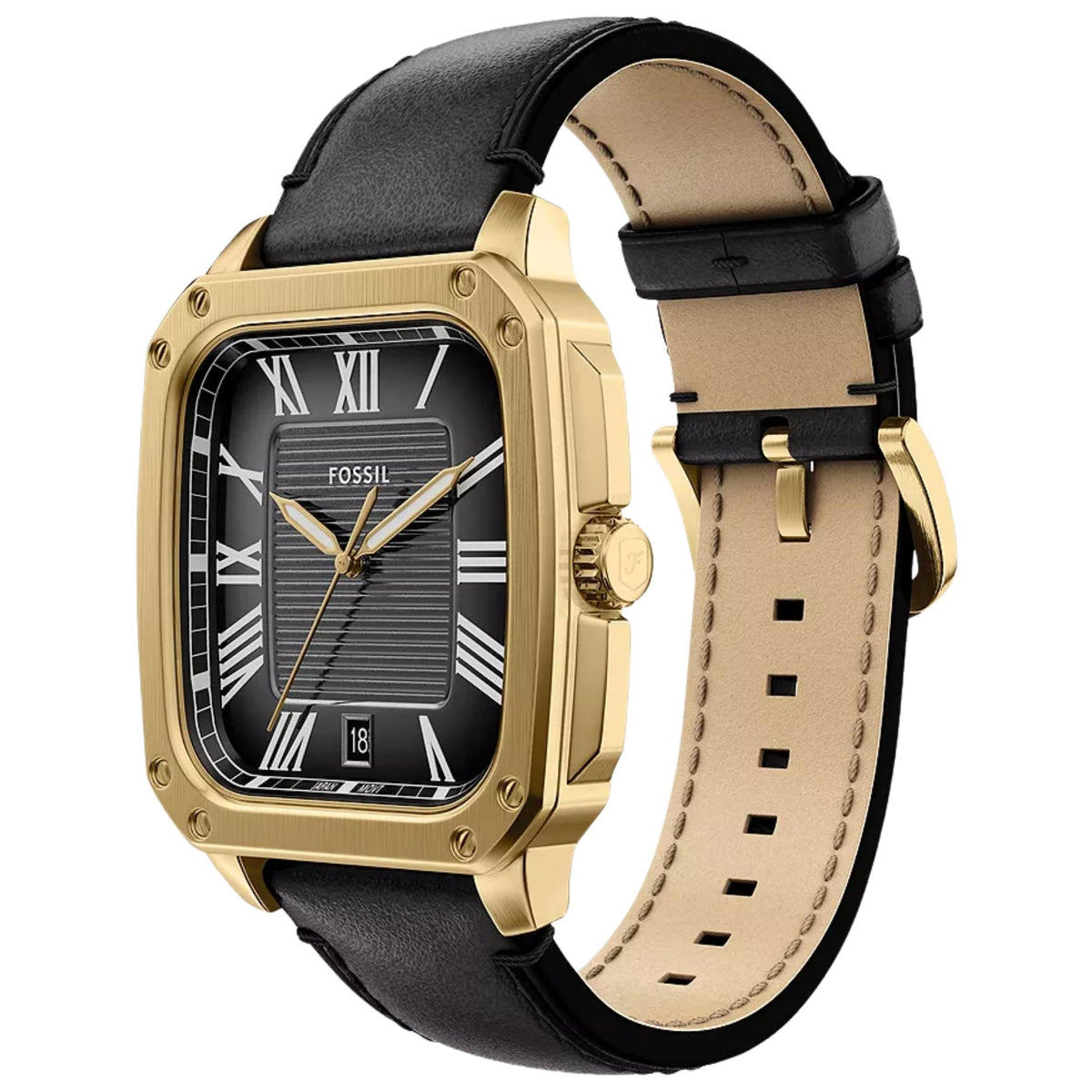 Fossil Crosby FS6151 gold-tone cushion case and black leather strap three-quarter view