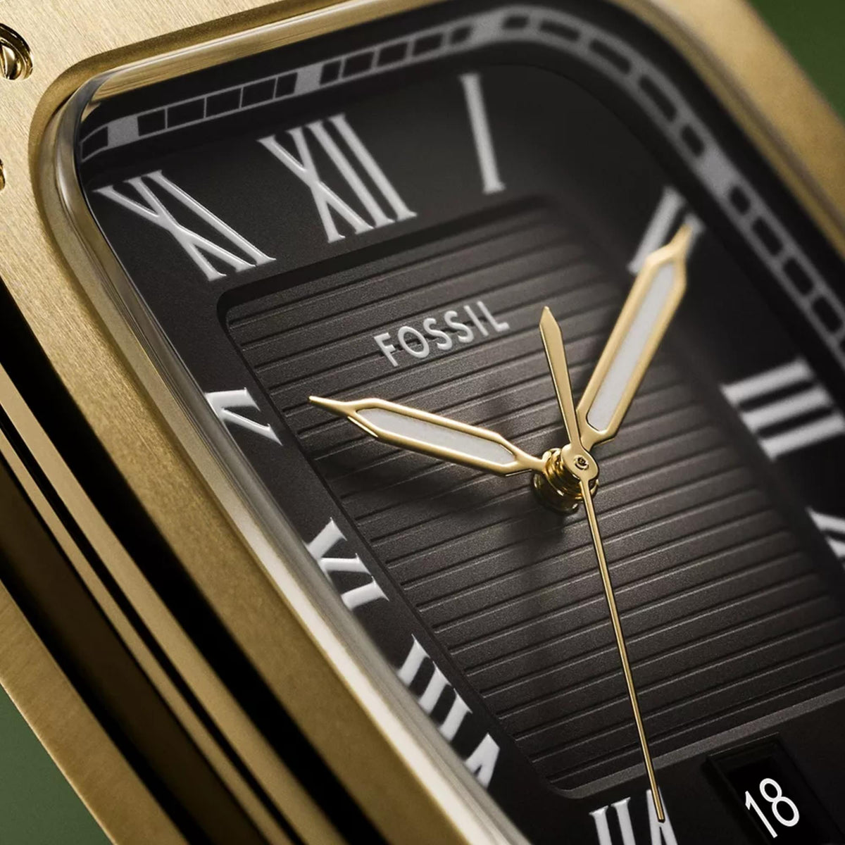 Fossil Crosby FS6151 Roman numeral indices and textured black dial close up