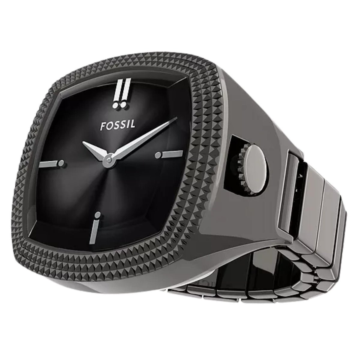 Three-quarter perspective of the Fossil Machine x Nick Jonas LE1212 watch ring showing a black dial, knurled bezel finish, and dark expansion band