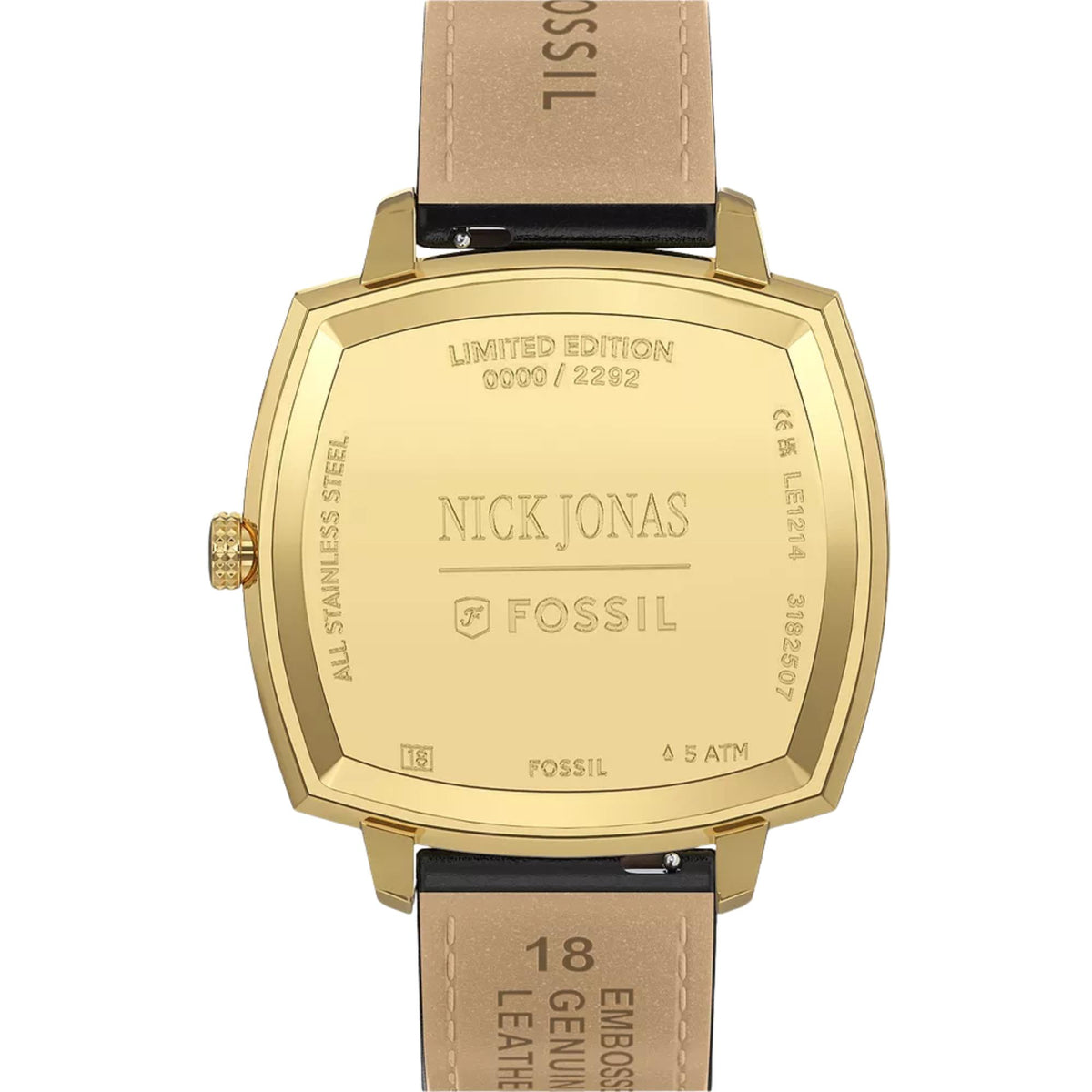 Fossil Machine x Nick Jonas LE1214 gold case back with Limited Edition engraving detail