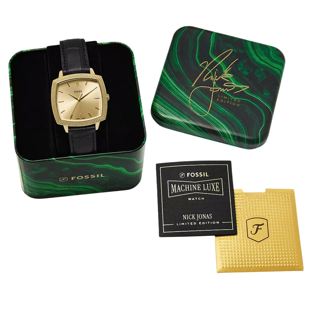 Fossil Machine x Nick Jonas LE1214 gold cushion case and black leather strap inside box