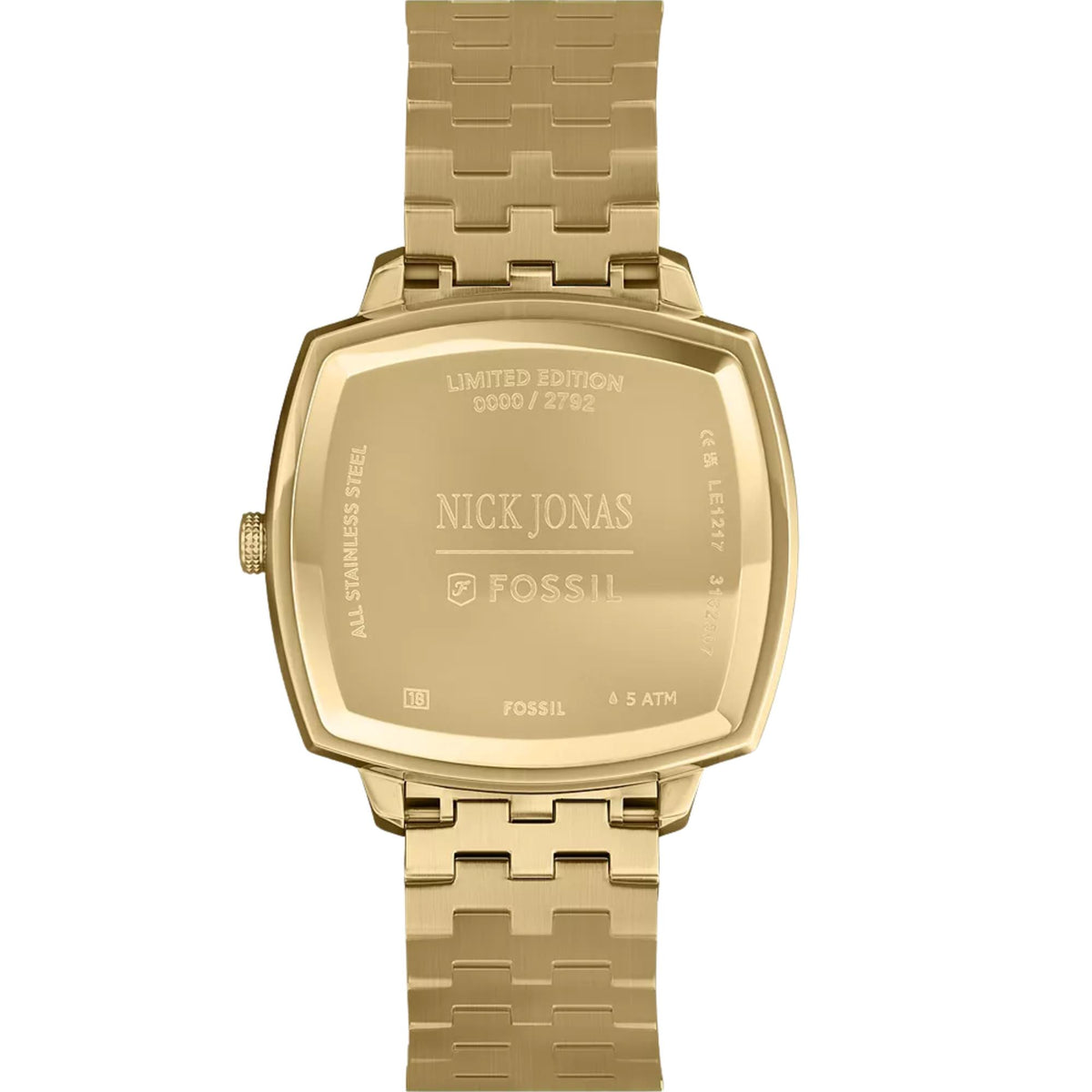 Fossil Machine x Nick Jonas LE1217 gold stainless steel watch back case close up