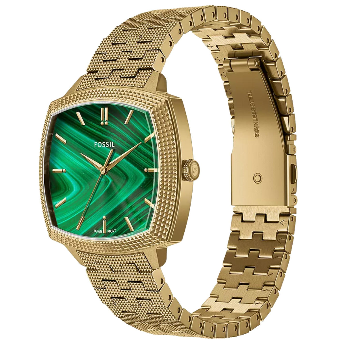 Fossil Machine x Nick Jonas LE1217 green dial watch side angle view with curved steel strap