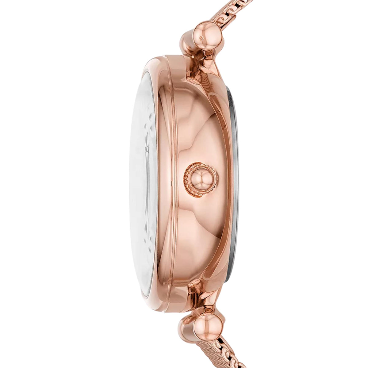 Fossil Carlie 28mm ME3188 rose gold steel case and crown side view