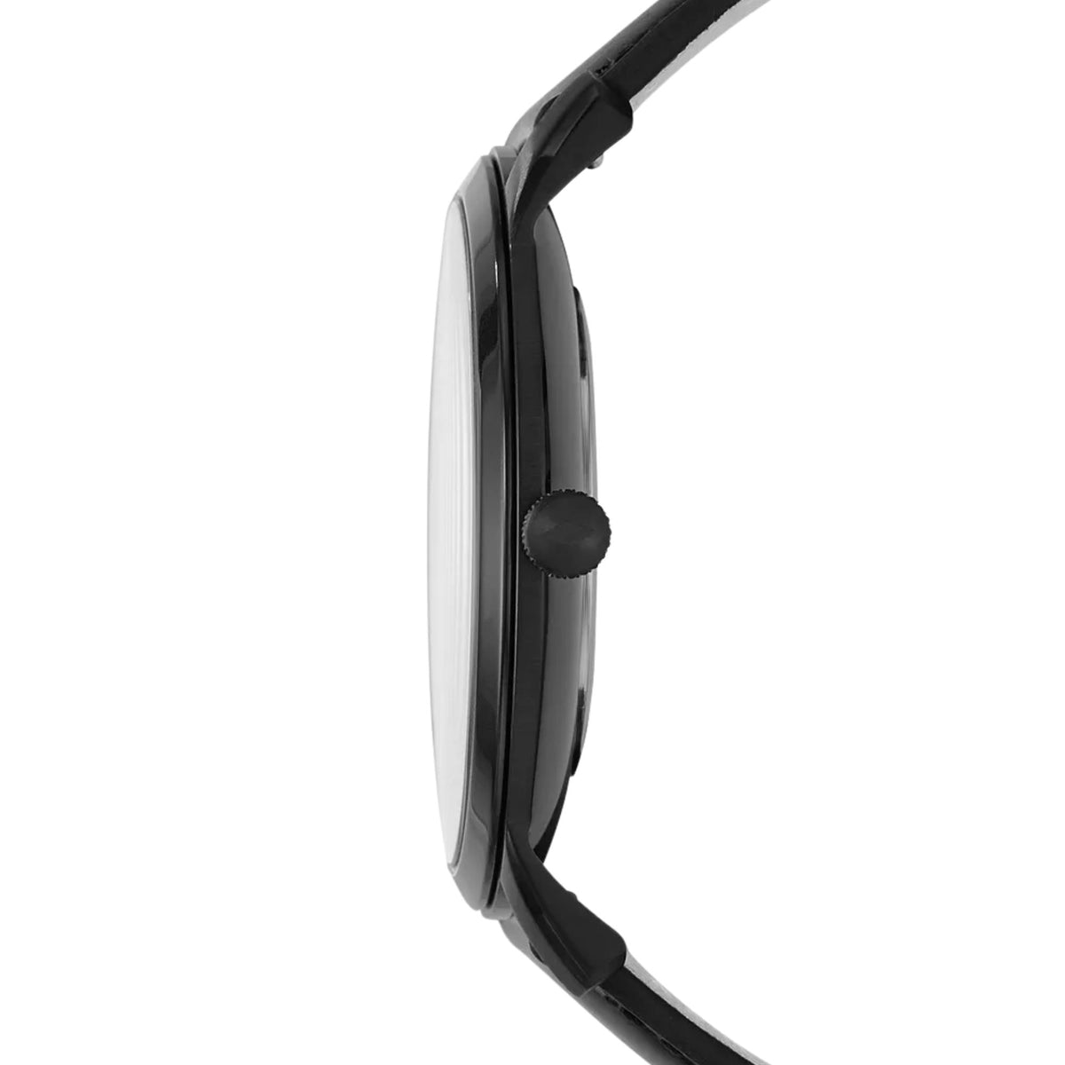 Profile view of Fossil Minimalist FS5447 mens watch showcasing the slim black casing, textured crown, and black leather strap