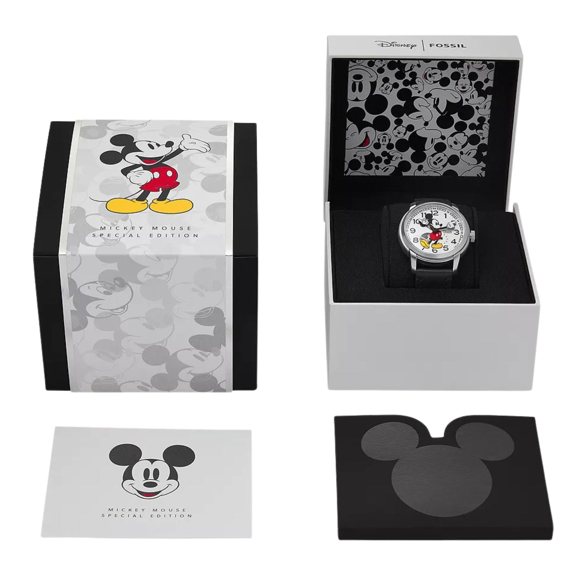 Presentation box displaying the Fossil Disney Mickey Mouse SE1111 white dial watch inside
