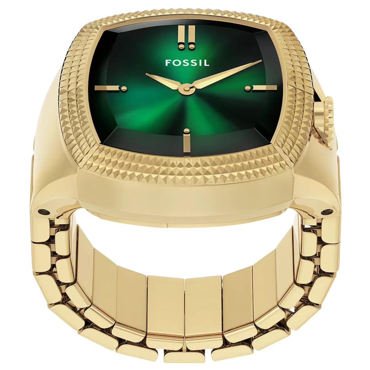 Gold-tone ring watch with green dial and textured bezel, front view