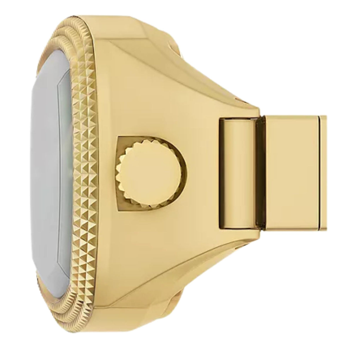 Gold-tone ring watch side view with textured bezel and round clasp detail