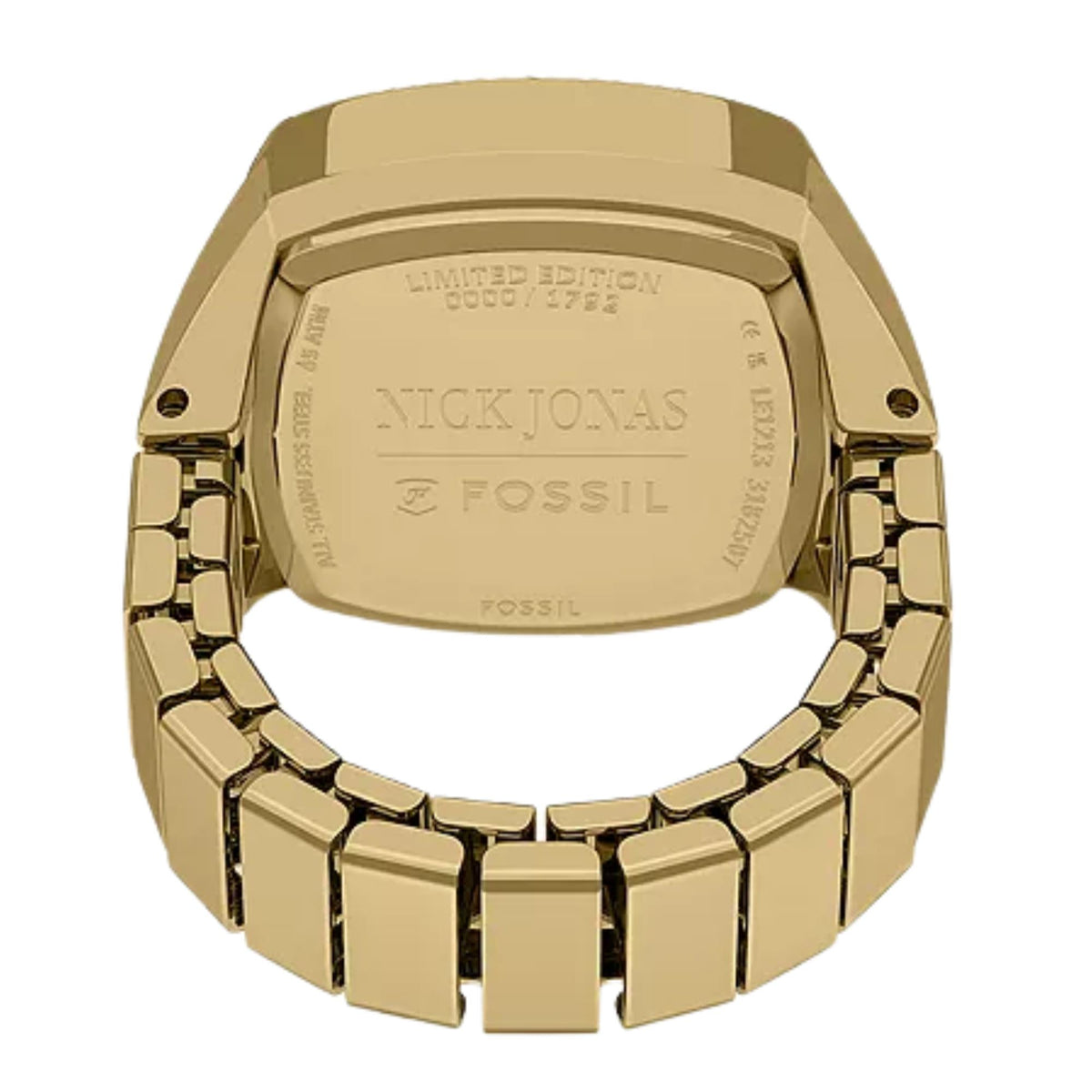 Gold-tone ring watch caseback with engraved text and metal link bracelet