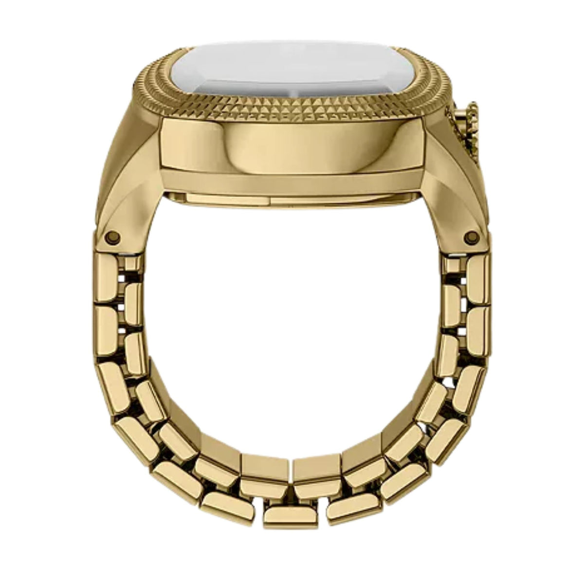Gold-tone ring watch underside with hinged clasp and metal link band