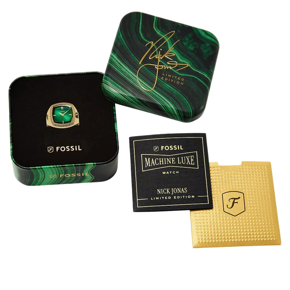 Machine Luxe Nick Jonas Limited Edition accessories with green box and gold cards