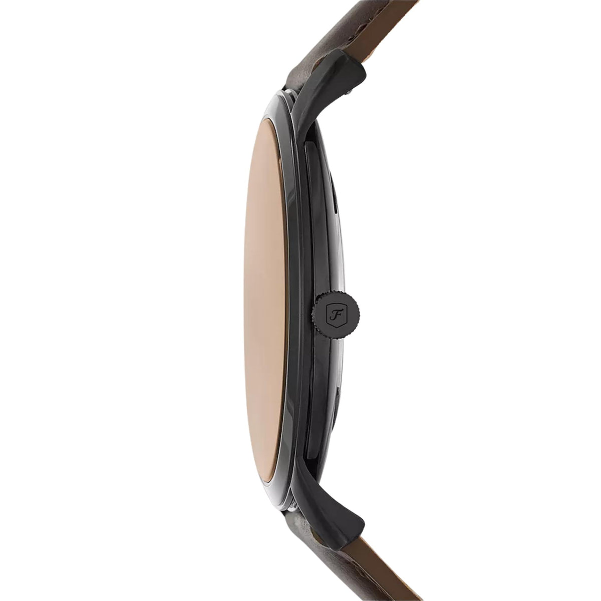Profile view of Fossil Minimalist FS5551 mens watch highlighting the slim black case, engraved crown, and brown leather strap