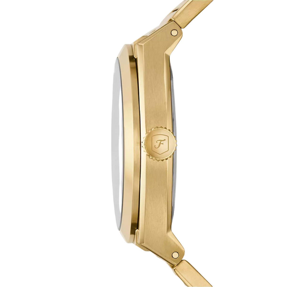 Fossil Everett FS5965 gold-tone steel case side view and textured crown detail
