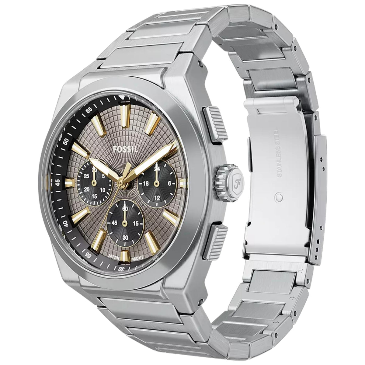 Fossil Everett FS6128 stainless steel bracelet and deployment clasp detail