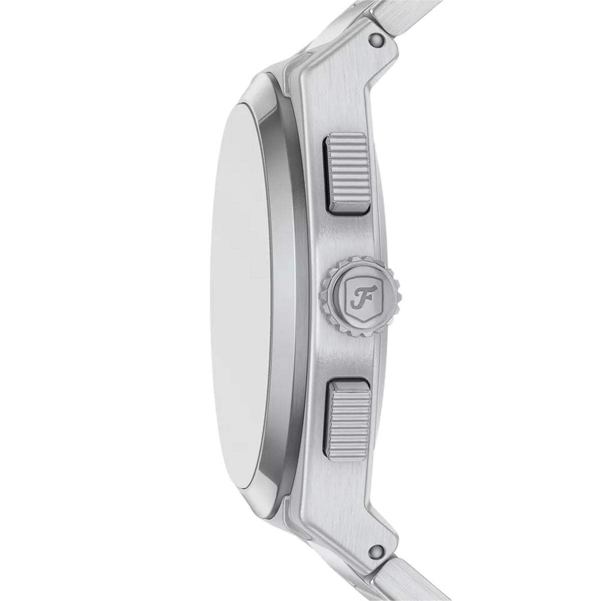 Fossil Everett FS6128 stainless steel case side profile and crown detail