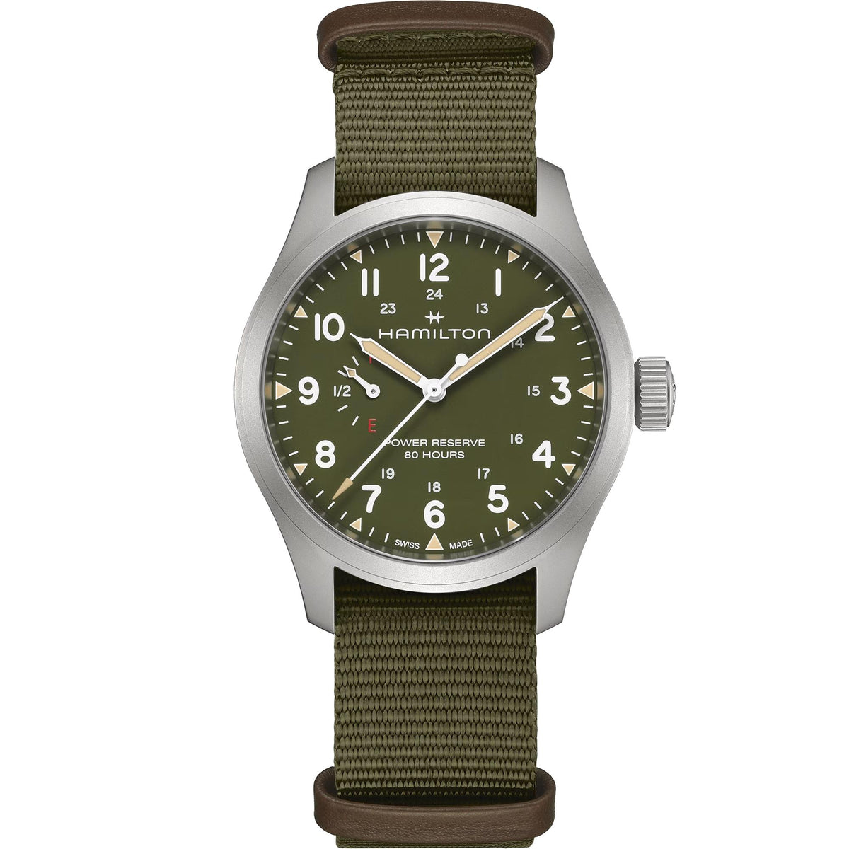 Men's manual-wind field watch with green dial and olive NATO strap, 40mm case