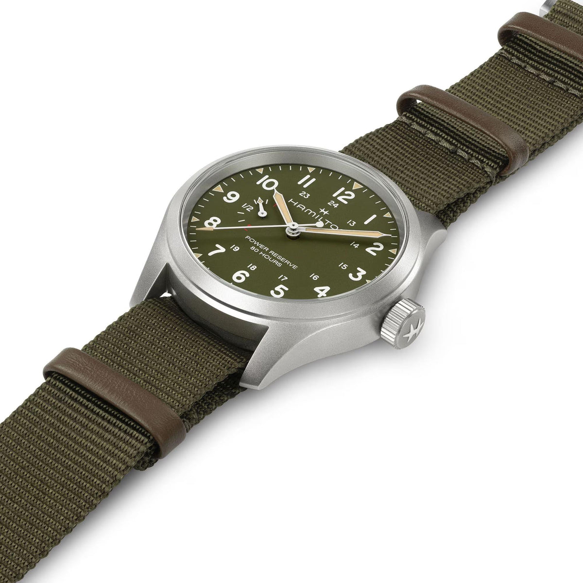 Men's field watch with green dial, olive NATO strap, silver crown and brushed case