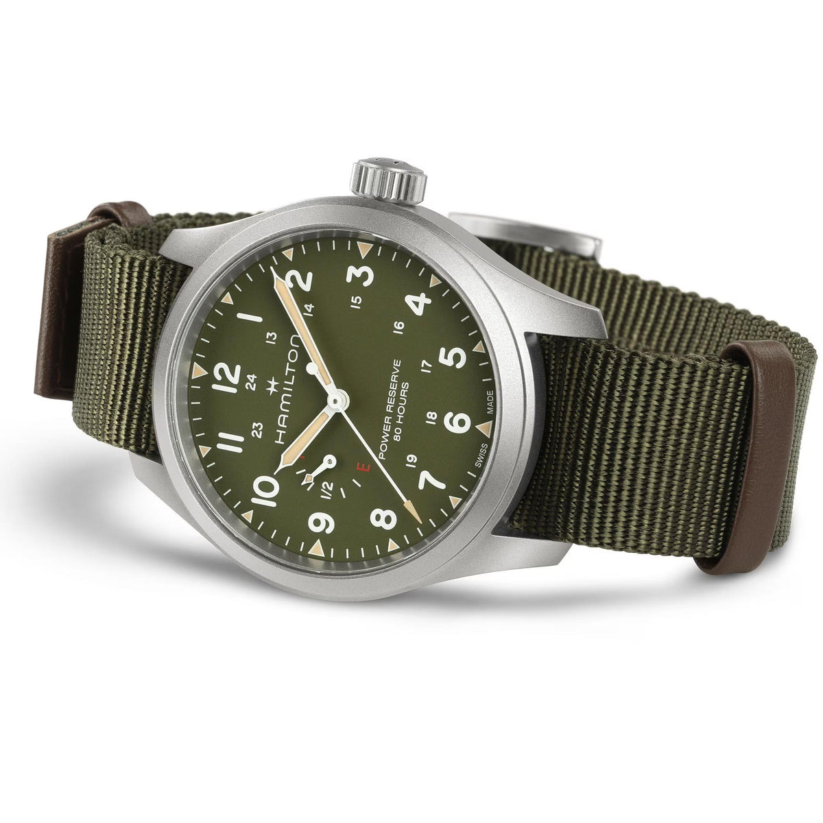 Men's field watch with green dial and olive NATO strap, brown keeper leather detail