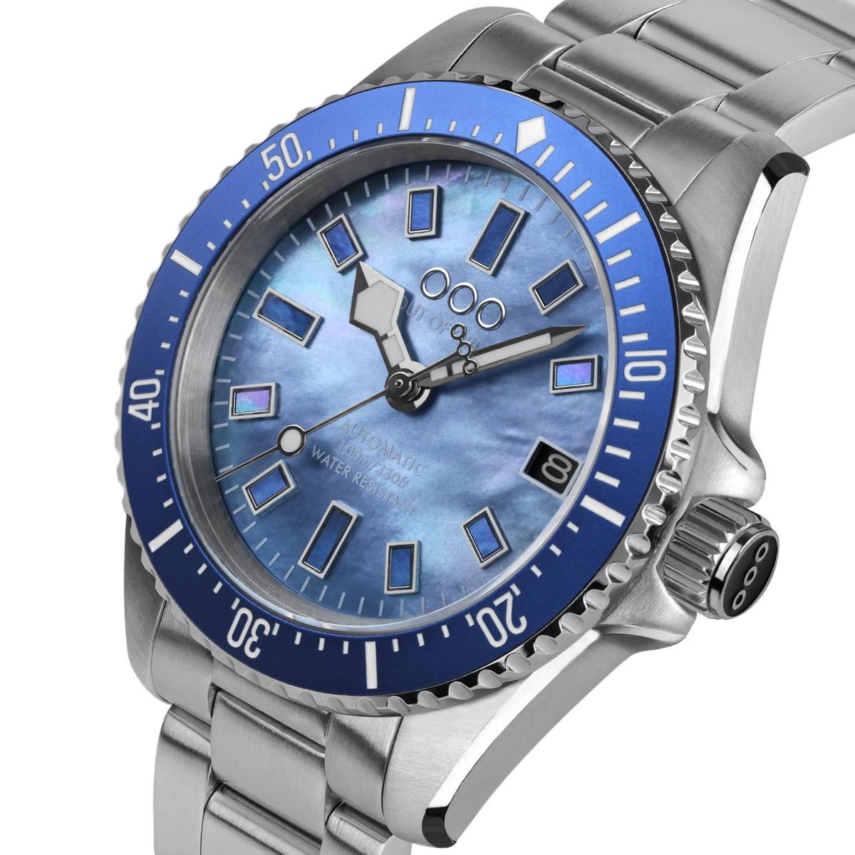 Men's automatic watch with blue dial, steel case, and rotating bezel with minute marks