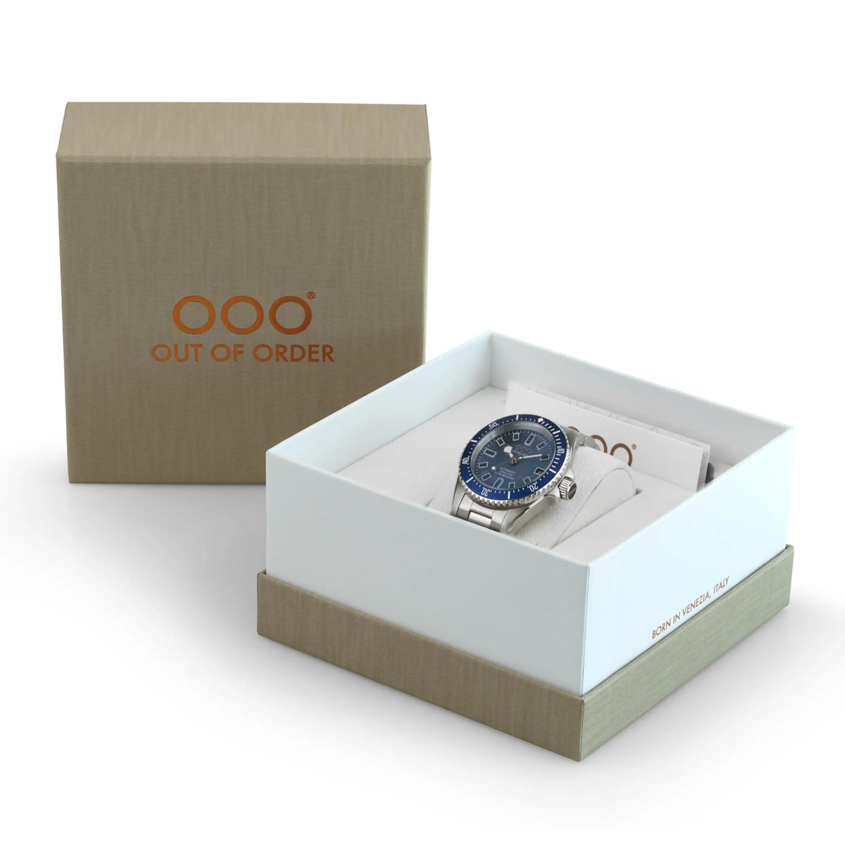 Out of Order men's automatic steel watch with blue dial, shown in gift box
