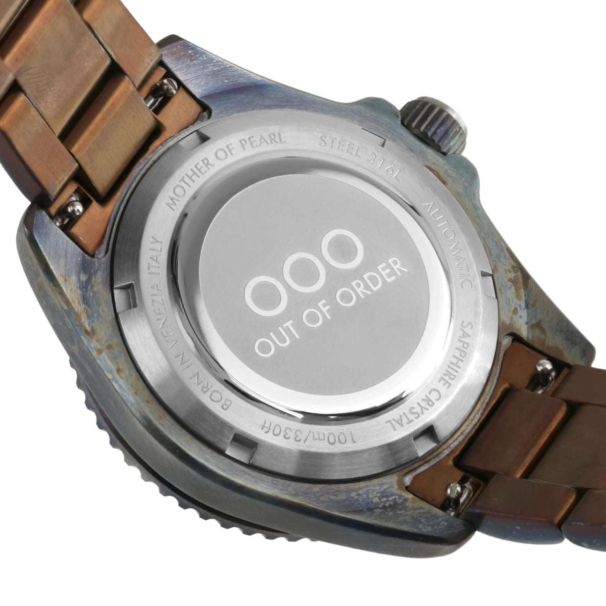 Men's automatic wristwatch caseback with engraved text and steel back plate