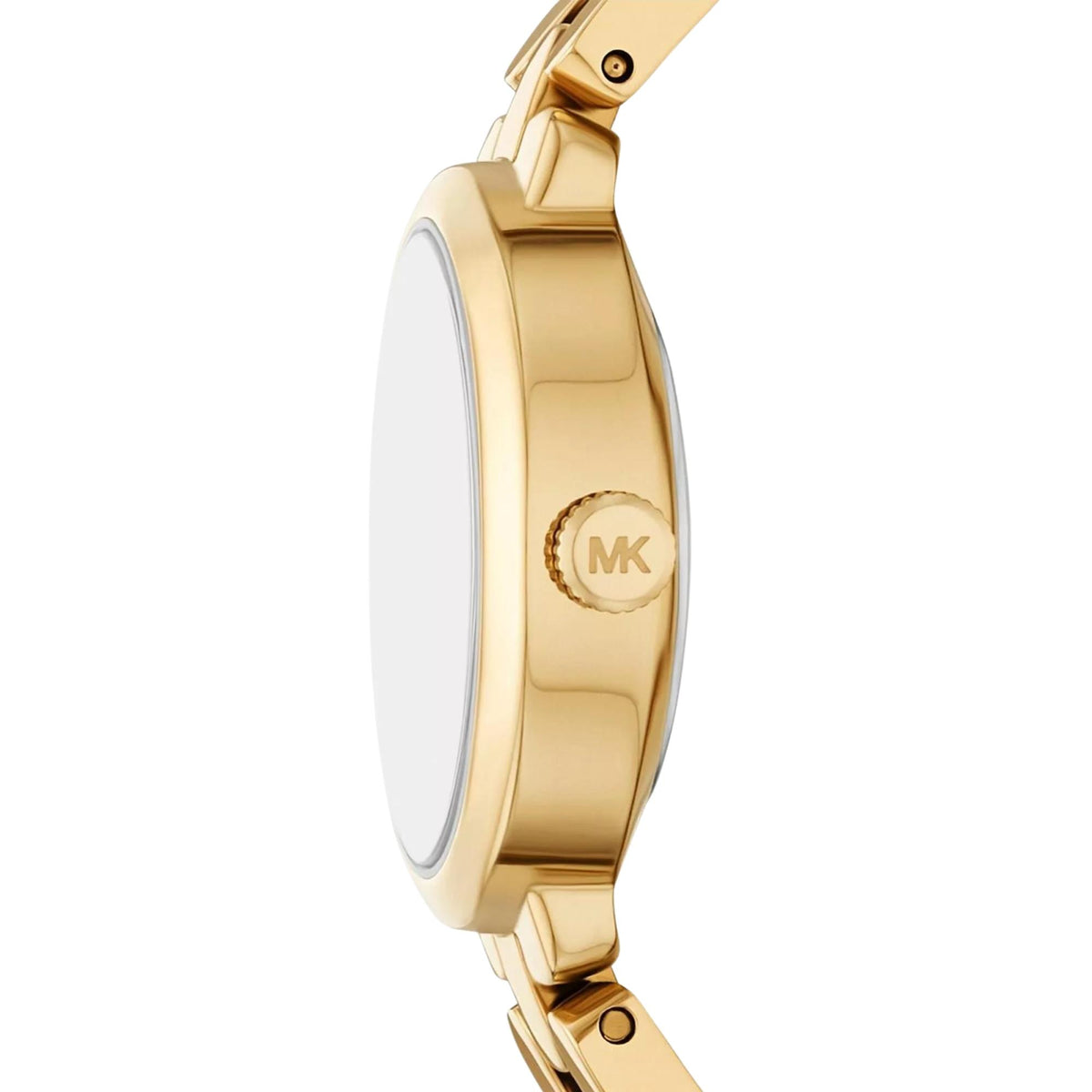 Michael Kors Maude MK4955 side profile view highlighting the gold-tone polished case and logo-engraved crown