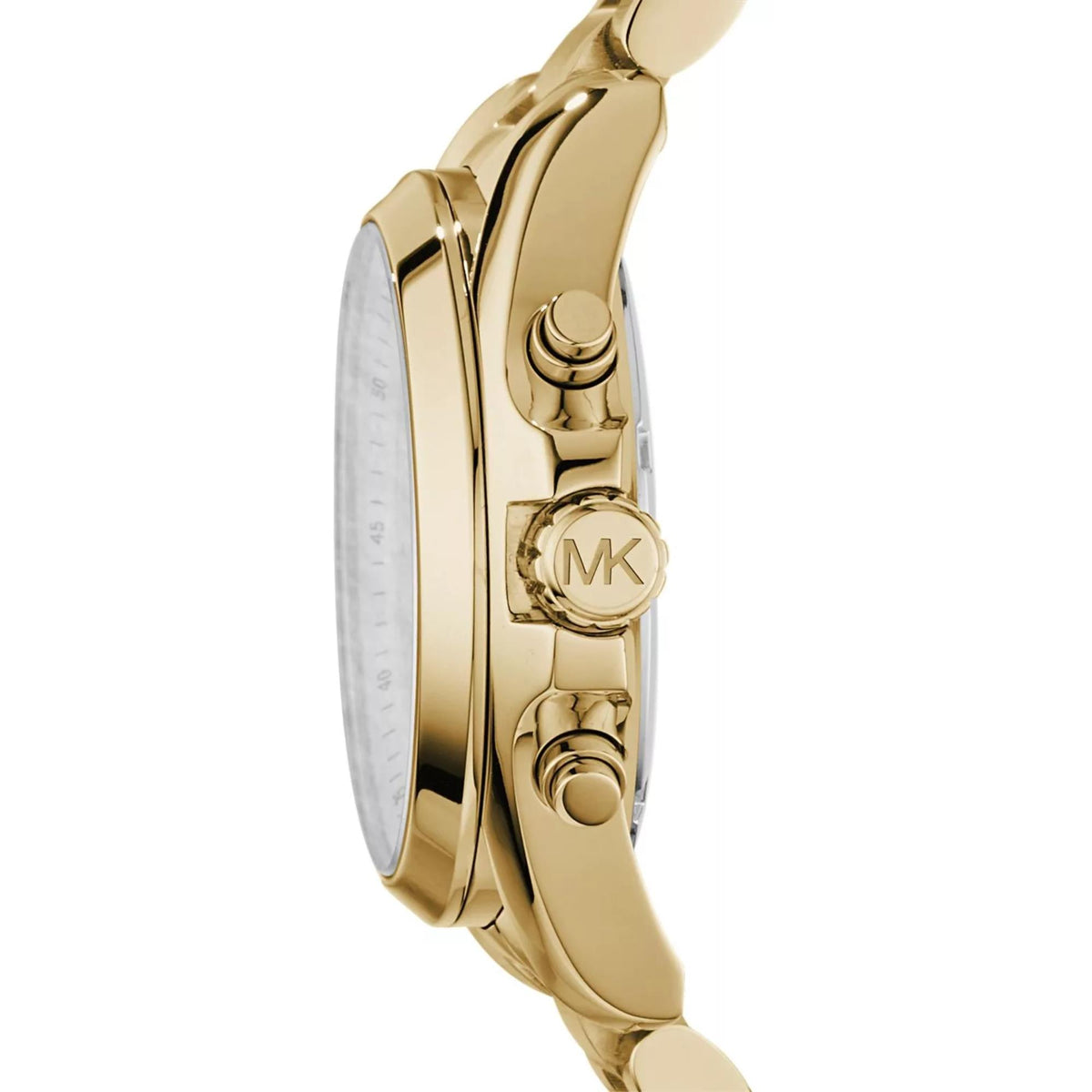 Michael Kors Bradshaw MK5605 gold steel case and chronograph pushers side view