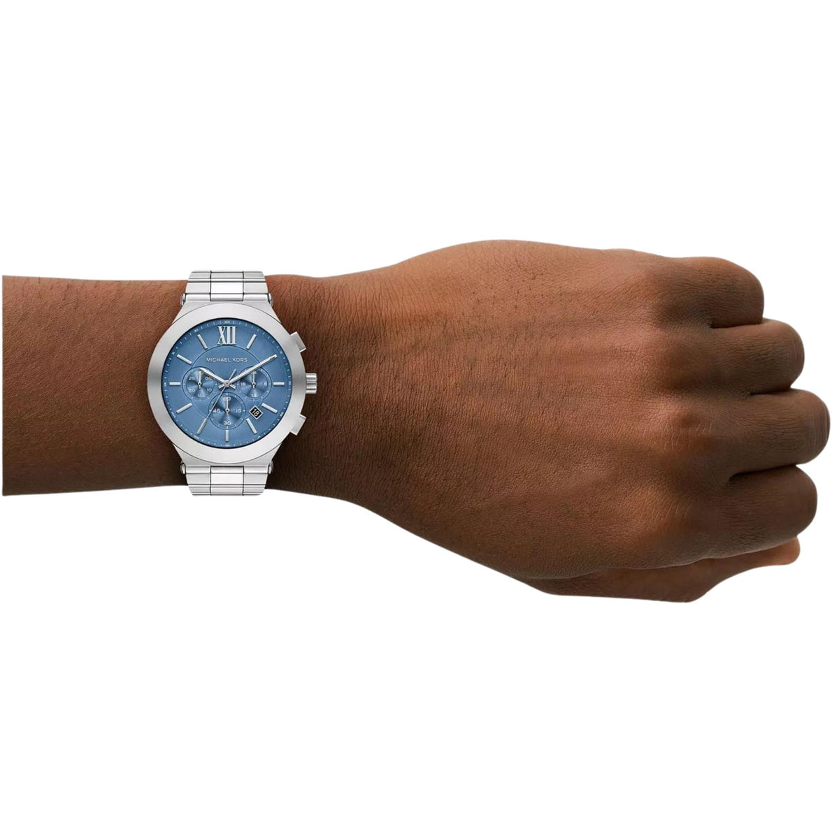Michael Kors Billie MK9222 blue dial watch on wrist perspective