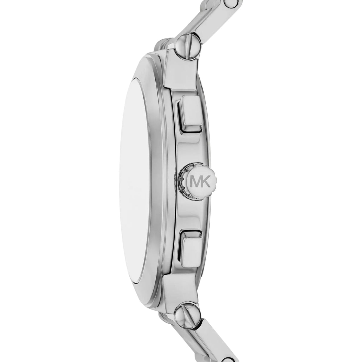 Michael Kors Billie MK9222 stainless steel case side profile with MK logo crown and pushers