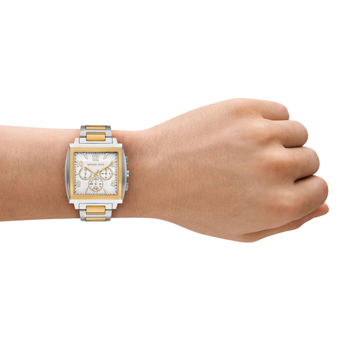 Michael Kors Rhys MK9240 two-tone stainless steel bracelet on wrist view