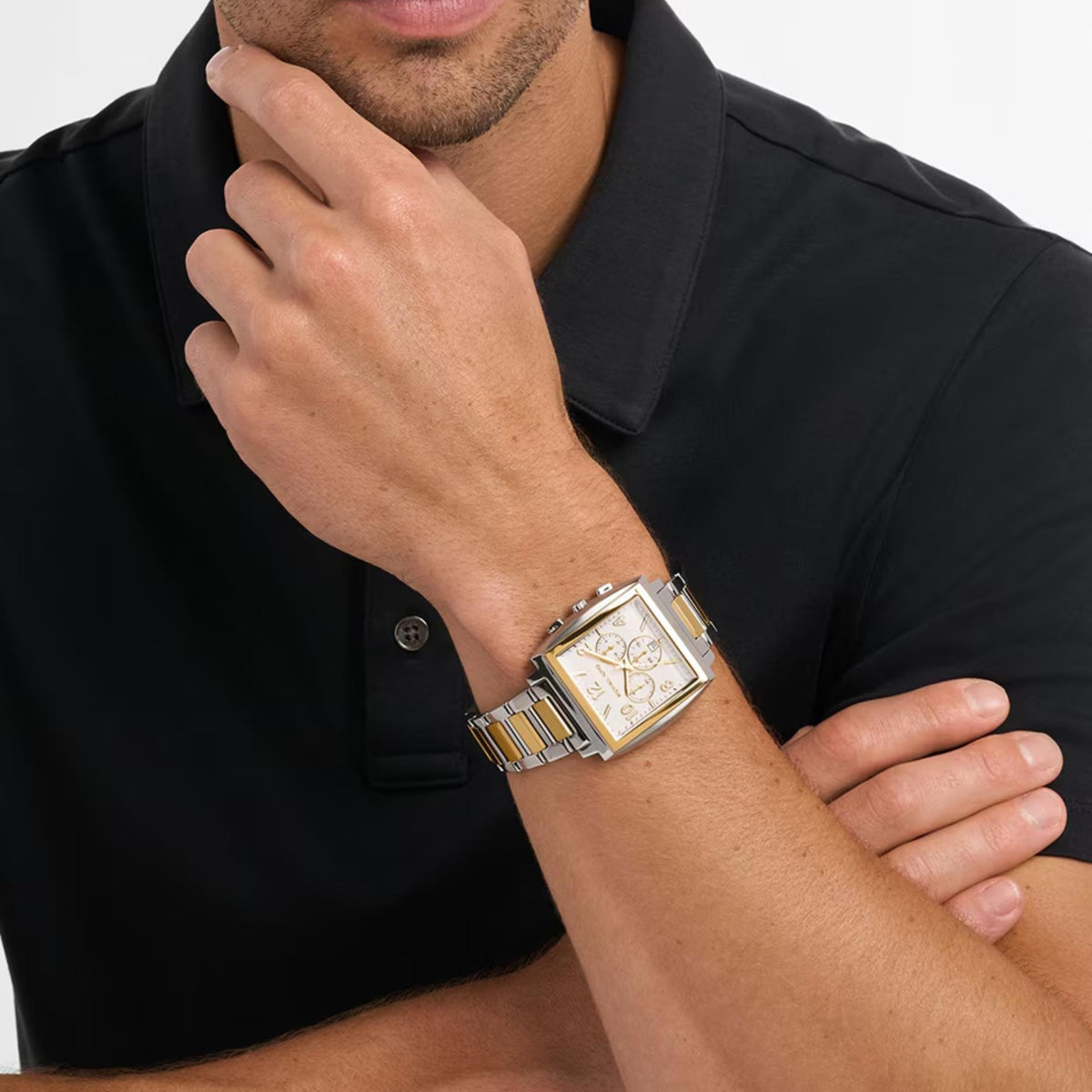Michael Kors Rhys MK9240 square case chronograph watch worn by model