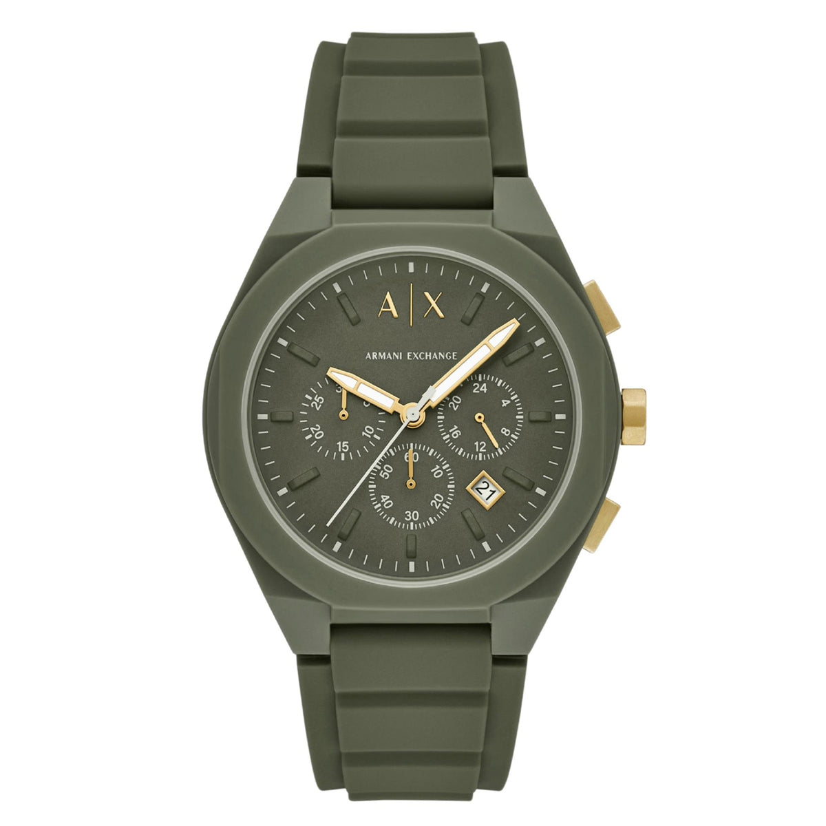 Green chronograph watch with silicone strap, gold hands, and three subdials