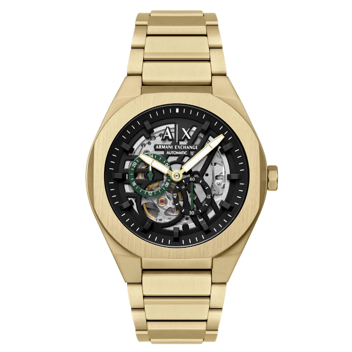 Mens skeleton quartz watch with black dial, gold-tone steel bracelet, 44mm