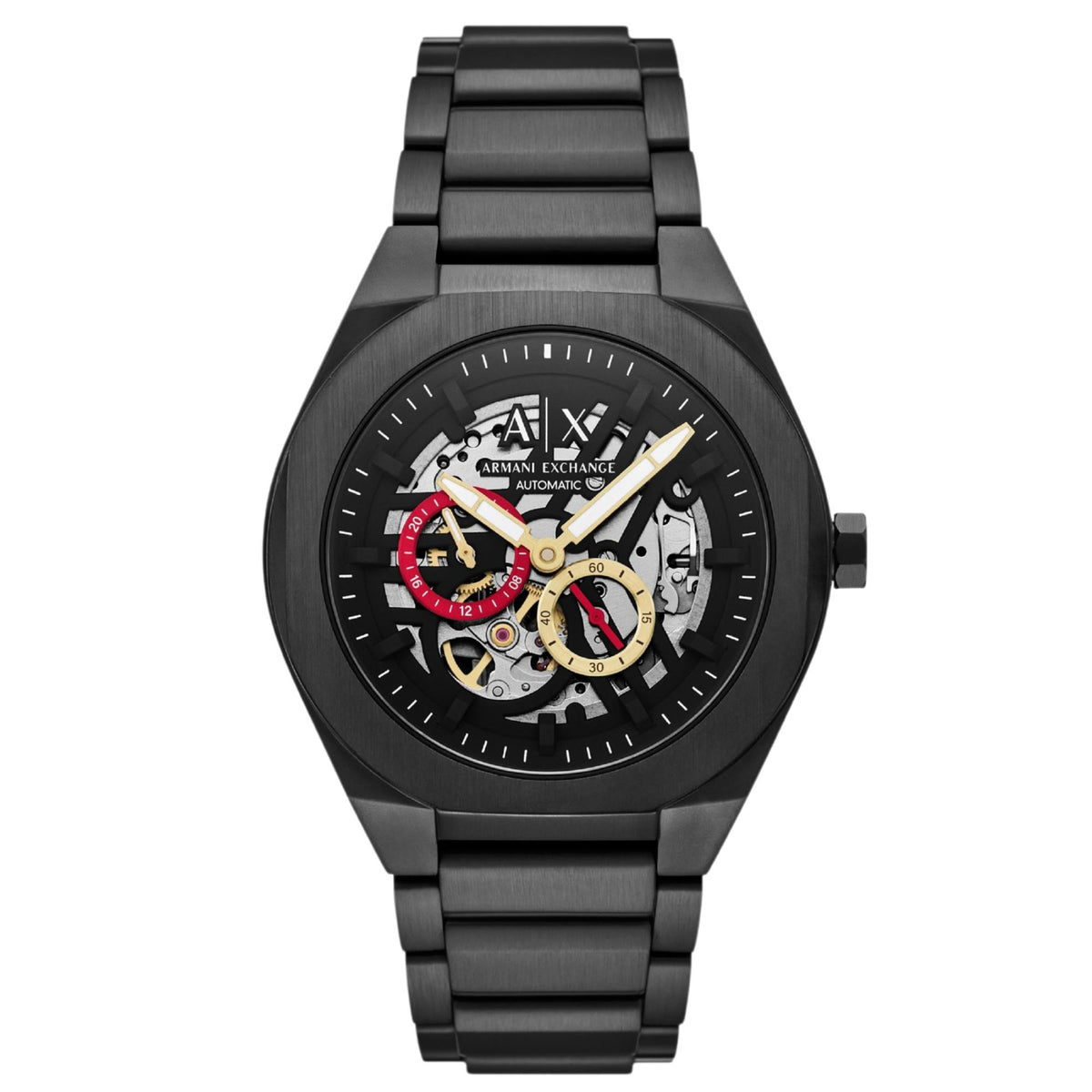 Armani Exchange Sync AX4196 direct front view displaying skeleton black dial with steel bracelet