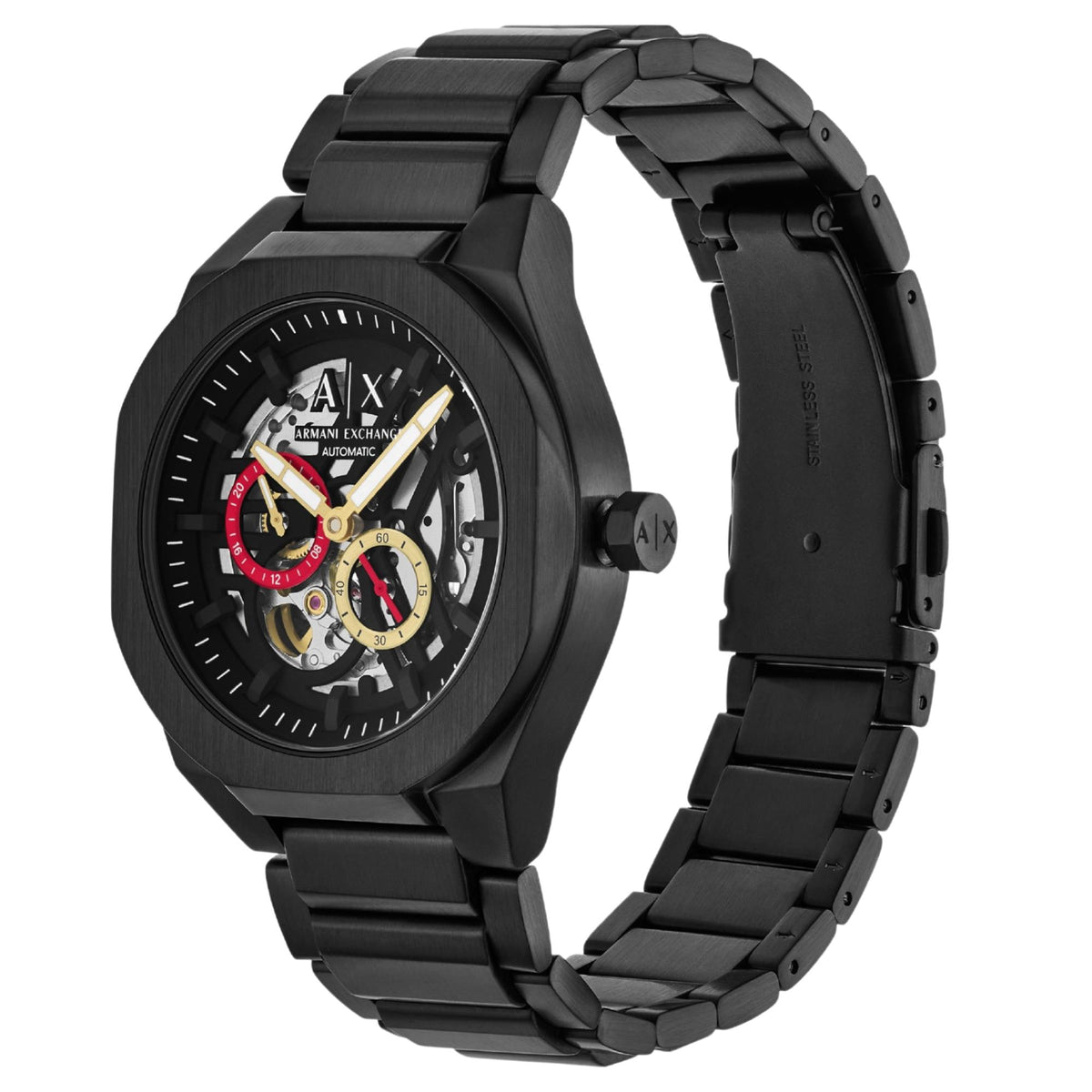 Armani Exchange Sync AX4196 angled side view highlighting skeleton dial detail and steel bracelet clasp
