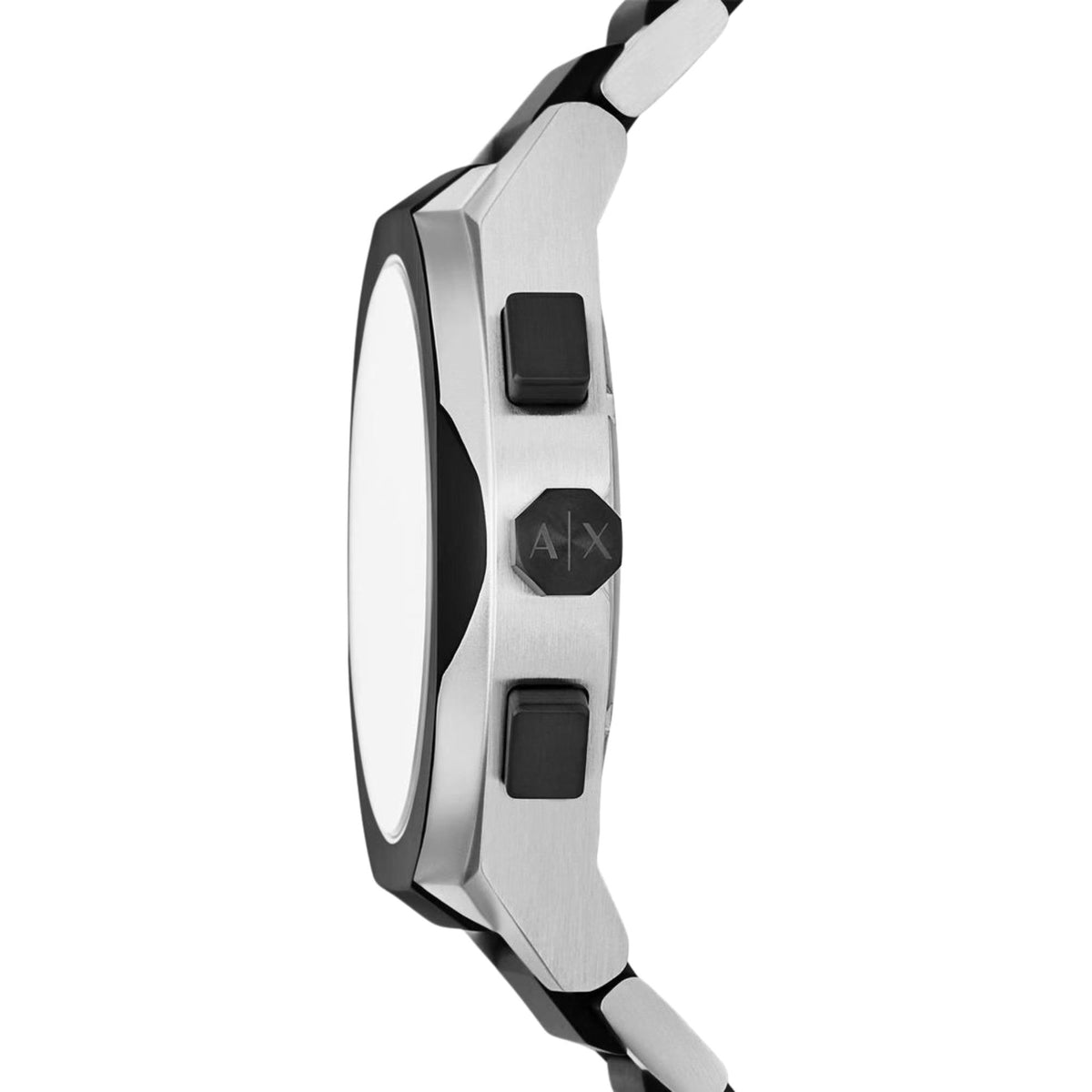 Steel chronograph watch case with black pushers and bracelet links, front logo