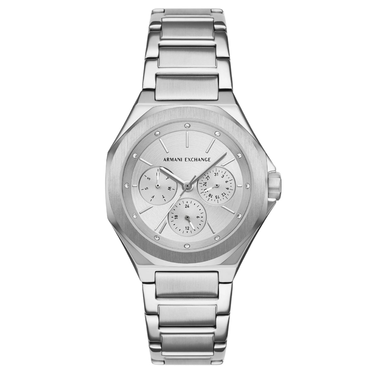 Silver stainless steel ladies chronograph watch with silver dial and three subdials