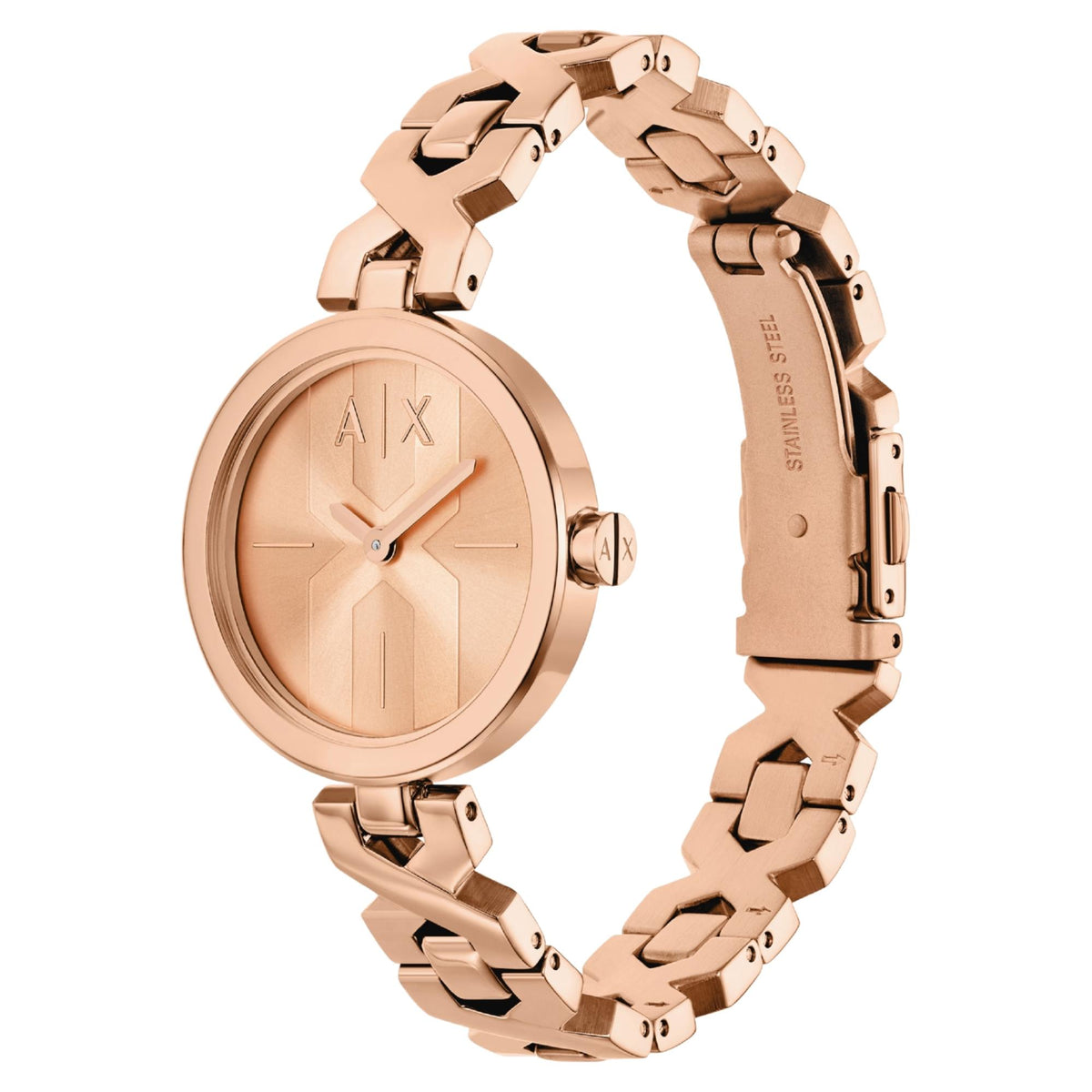 Rose gold steel quartz watch with AX dial and side crown; linked bracelet
