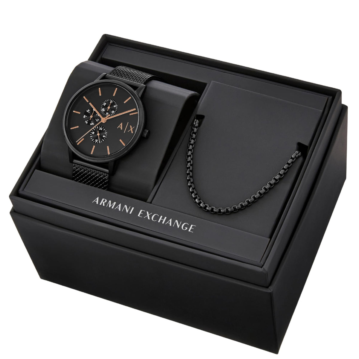 Black presentation box with men's quartz chronograph watch and mesh bracelet