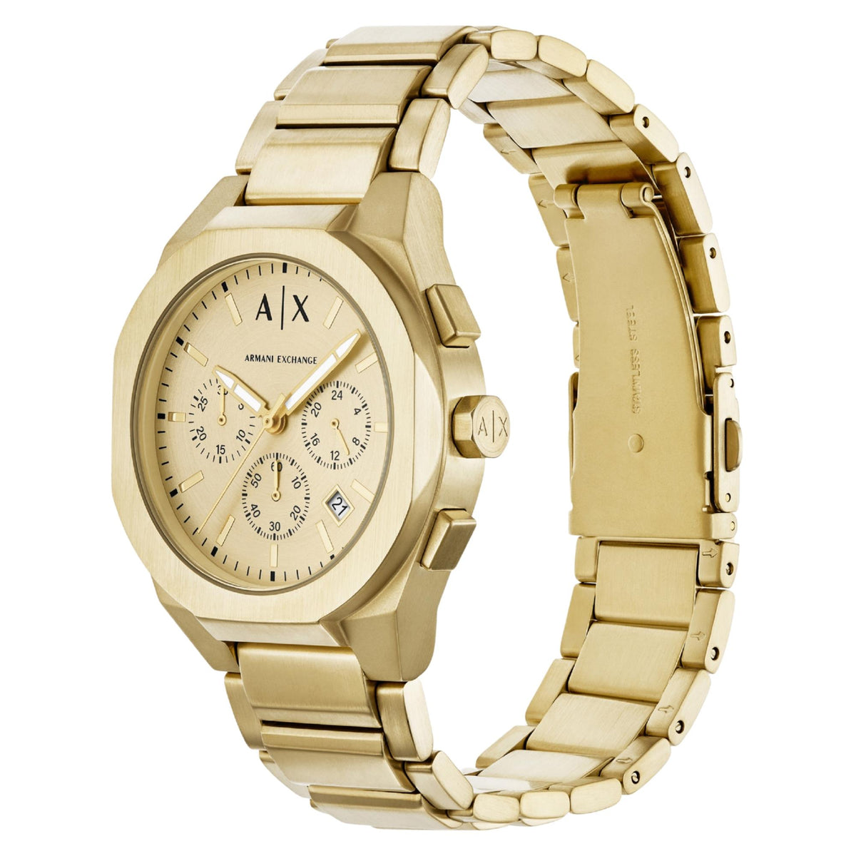 Gold-tone couple quartz watches in profile, round chronograph dial, link metal bracelets